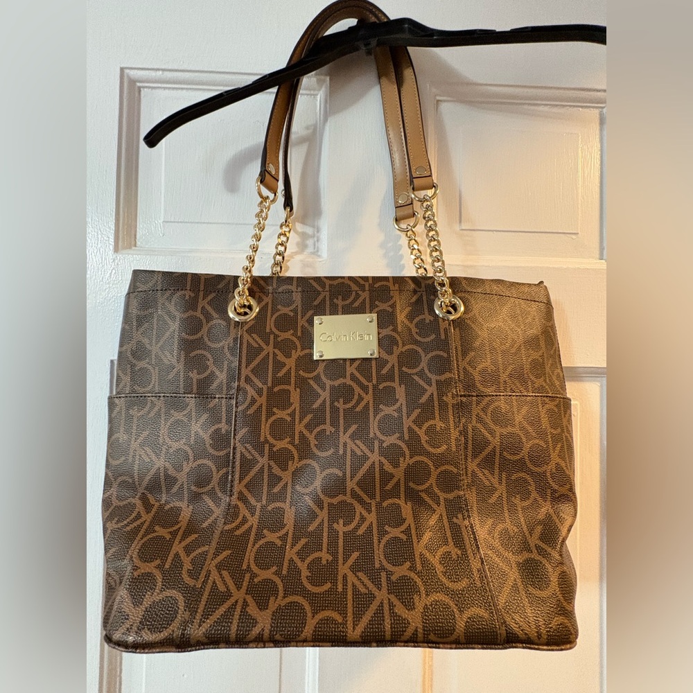 Calvin Klein Tan Monogram Tote with Gold Accents